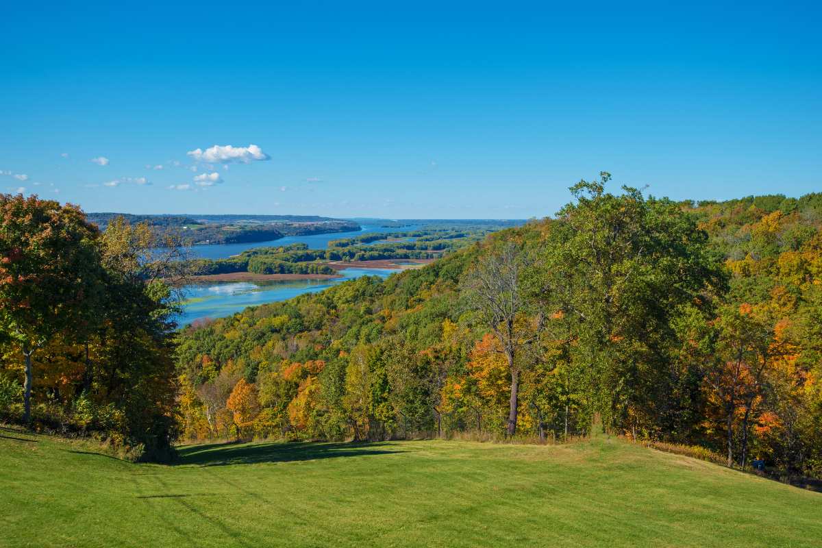 photo of the best place to retire in Iowa with an aerial photo of the Mississippi River